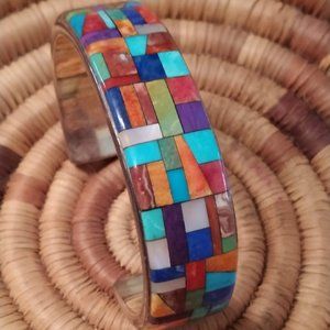 Native American-made multi-stone inlay and sterling silver cuff unisex bracelet